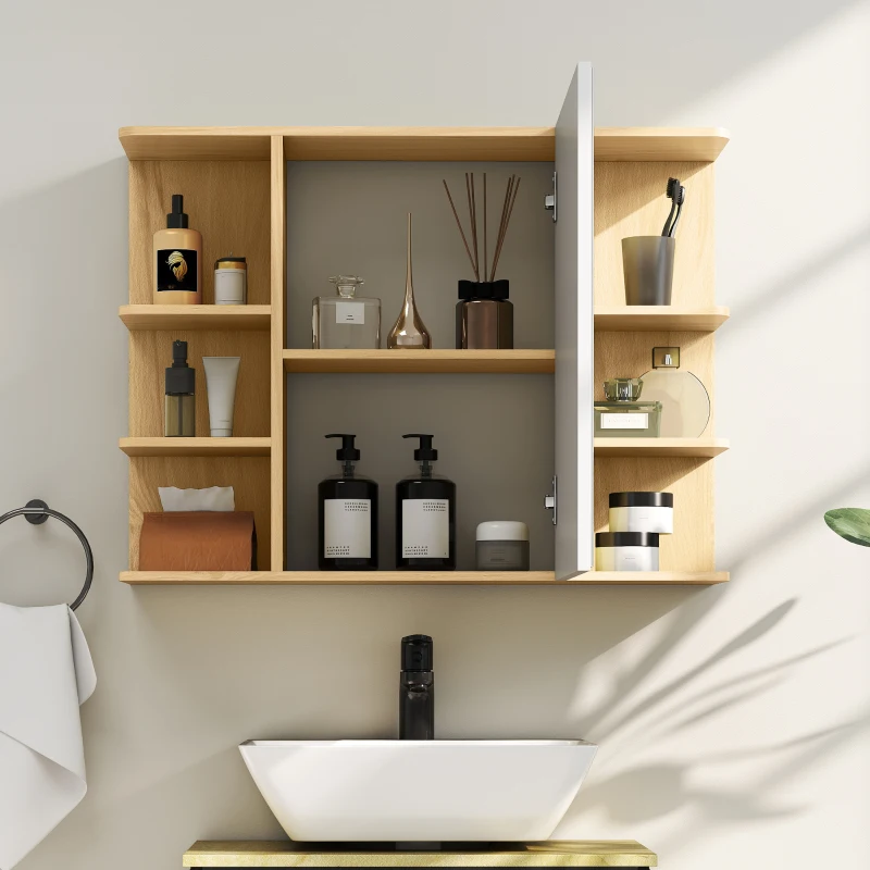 HOMCOM Bathroom Mirror Cabinet with Open Storage Shelves - Natural Wood Finish