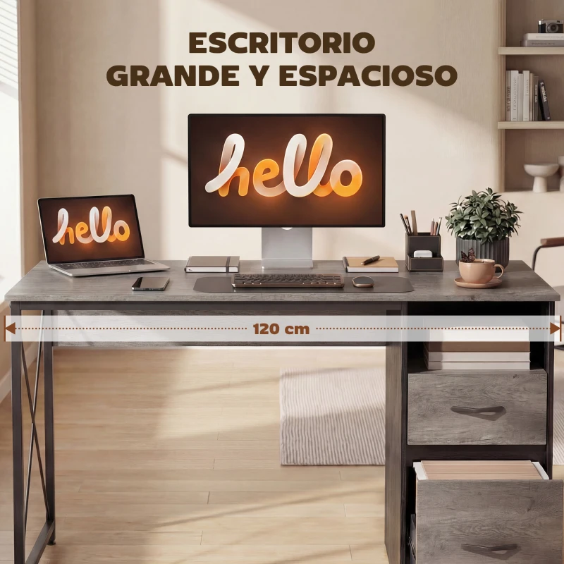 HOMCOM Mesa de Ordenador 120x50 cm Escritorio de Ordenador Industrial con Compartimento y 2 Cajones para Oficina Gris Claro