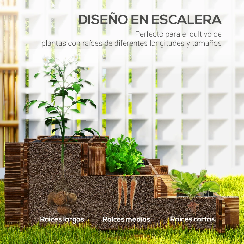 Outsunny Arriate de Jardín de 3 Niveles con Diseño de Escalera y Tela no Tejida para Cultivos Flores 93x93x35 cm Carbonizado