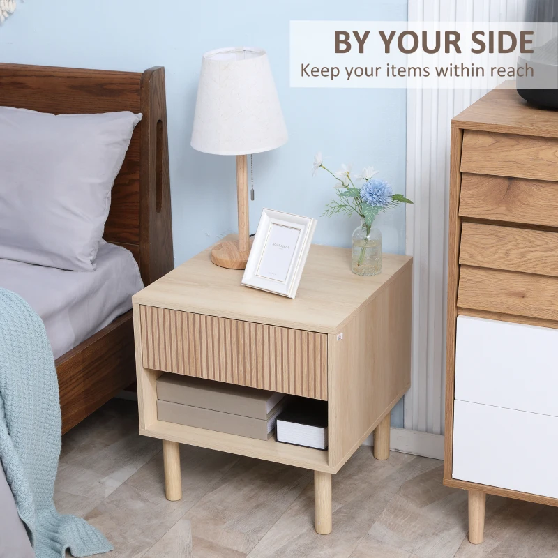 HOMCOM bedside table nightstand with drawers and cubbies, modern side table for bedroom, living room, dim. 47 x 47 x 50 cm, natural wood finish