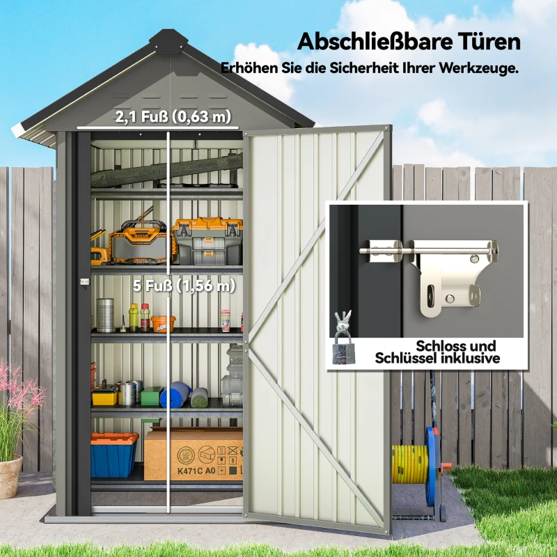 Outsunny Metall Gerätehaus 1,17 m², Geräteschuppen mit Satteldach Lüftung Schloss Handschuhen, 122 x 121 x 192 cm