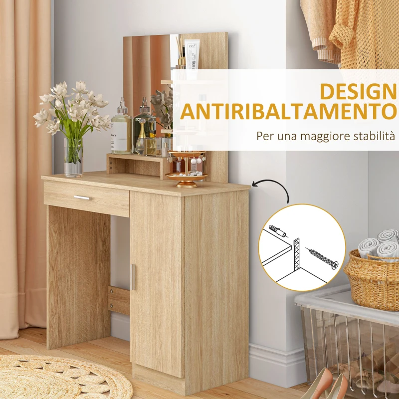 HOMCOM Toeletta da Camera con Armadietto, Cassetto, Specchio per Trucco e Ripiani Aperti, 90x38x138 cm, Acero