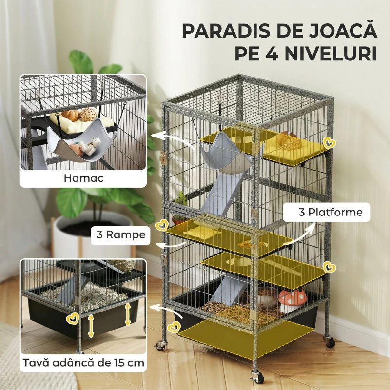 PawHut Cușcă pentru Animale Mici cu 4 Niveluri, Rampe, Platforme, Hamac și Roți, 52x52x115 cm, Gri