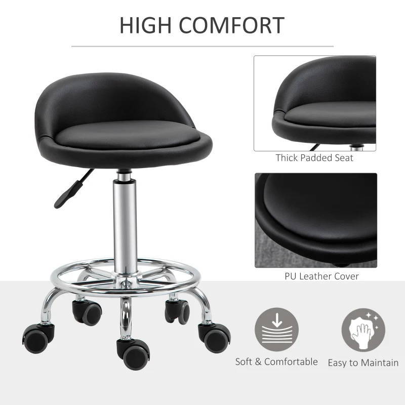 HOMCOM Set of 2 360° swivel rolling stools, seat adjustable 47-62H cm, chrome steel black synthetic upholstery