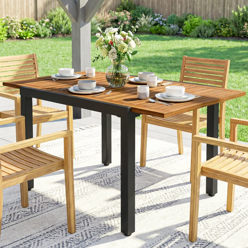 Outsunny Mesa de Jardín Extensible 120/80x70 cm Estructura de Acero y Tablero de Madera de Acacia para 4-6 Personas Natural
