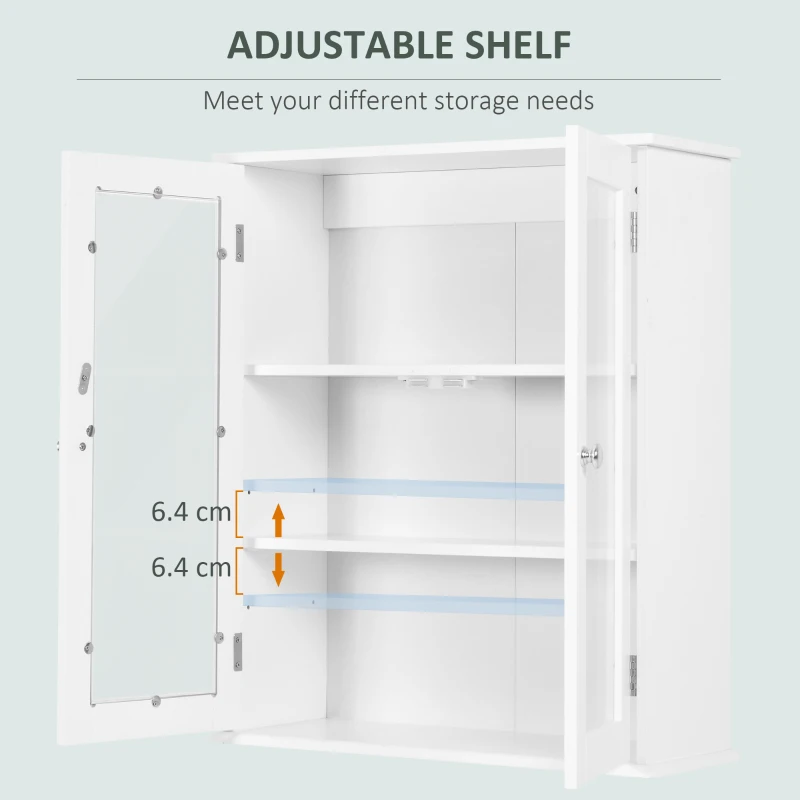 kleankin Bathroom wall cabinet, bathroom wall unit with 2 glass doors, adjustable shelf, 55x20x65cm, white