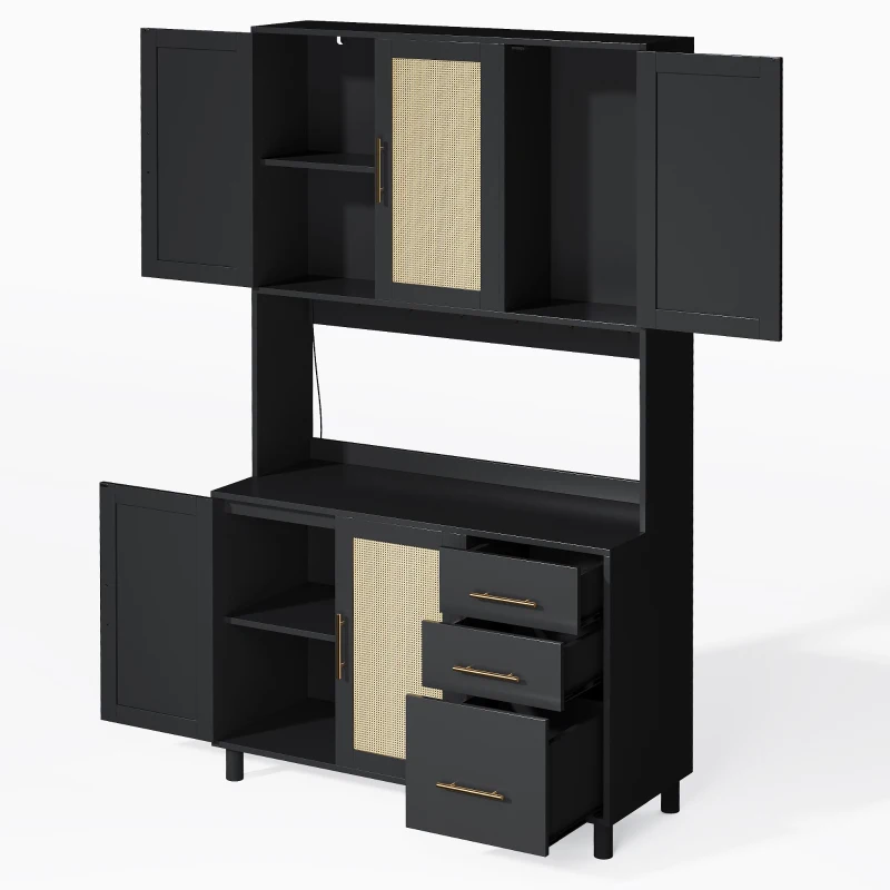 Küchenanrichte mit Geflochtenes Rattanfinish und goldene Metallgriffe, LED-Deko-Lichter, 100x40x183 cm, Schwarz