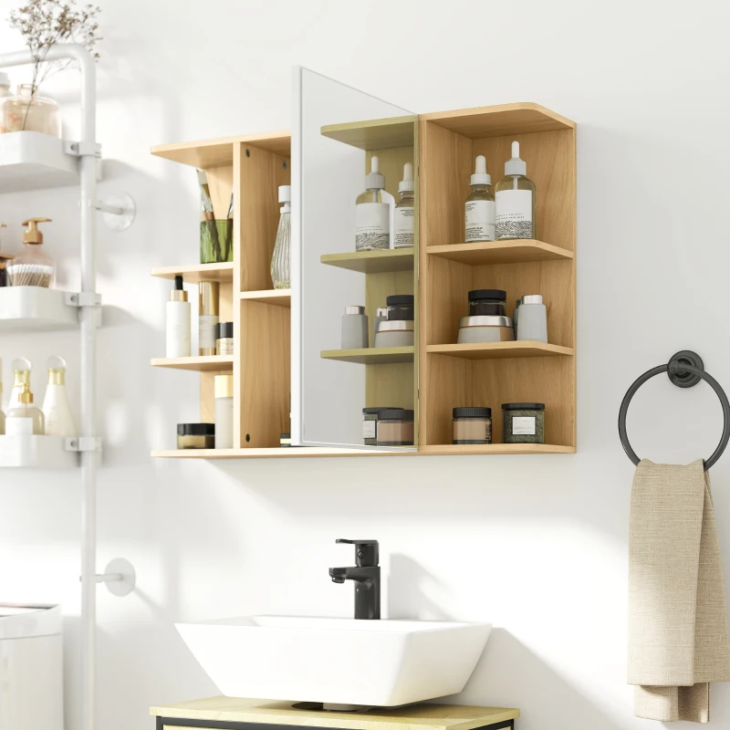 HOMCOM Bathroom Mirror Cabinet with Open Storage Shelves - Natural Wood Finish