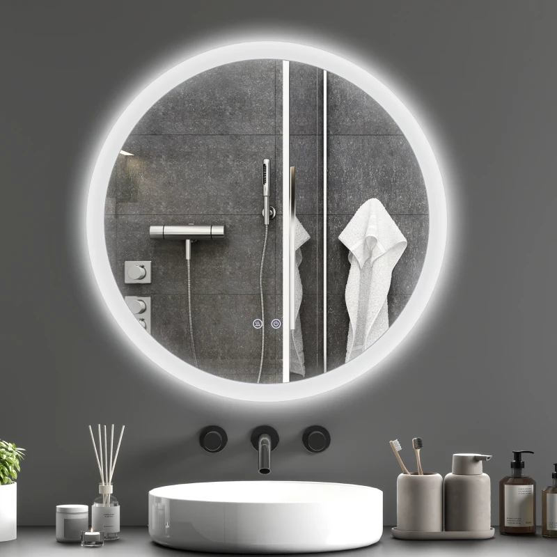 kleankin Miroir rond lumineux LED de salle de bain Ø 70 cm mural éclairage interrupteur tactile système antibuée 35W blanc argent