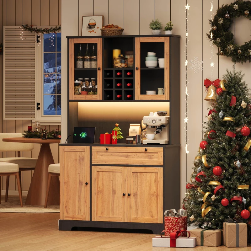 Küchen-Hochschrank mit Vitrine, fünf Türen, Schublade, verstellbare Einlegeböden, 105 x 40 x 180 cm, Naturfarbe