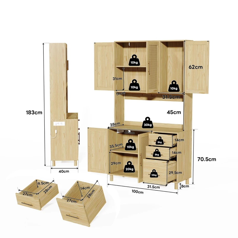 Küchenanrichte mit RGB-LED, Geflochtenes Rattanfinish, 100x40x183 cm, Naturfarbe