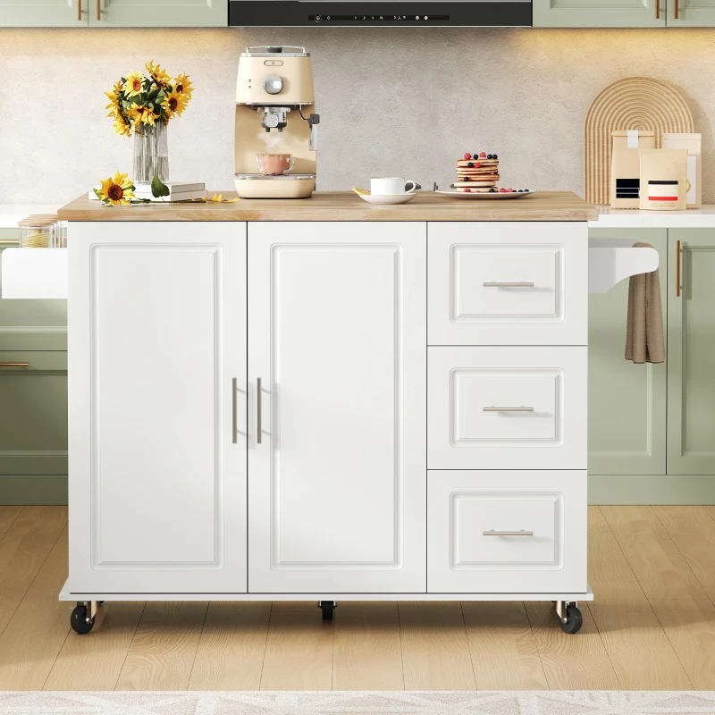 Große mobile Kücheninsel, klappbares Design, multifunktionaler Schrank mit 3 Schubladen, Handtuchhalter, 137 x 43/76 x 92 cm, Weiß