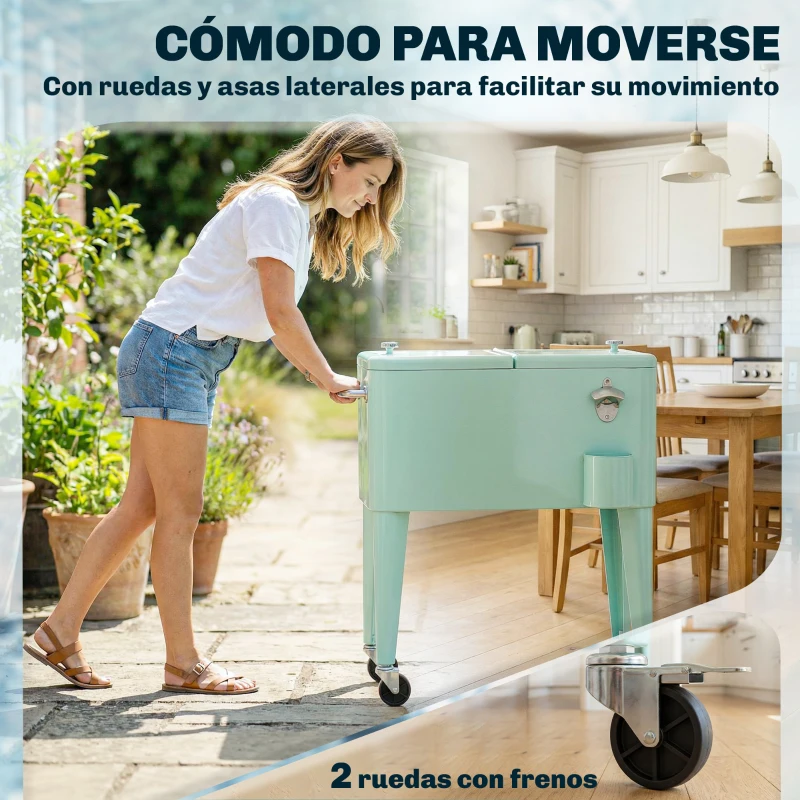 Outsunny Carro de Bebidas Refrigerado 56L con Ruedas Abrebotellas Recogetapas y Asa para Patio Fiesta 75x35x78 cm Verde Claro