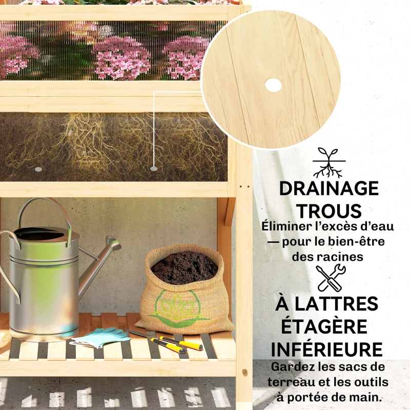 Outsunny Carré potager sur pieds avec serre, jardinière surélevée, table latérale pliante et étagère, 104x50x120cm, bois naturel