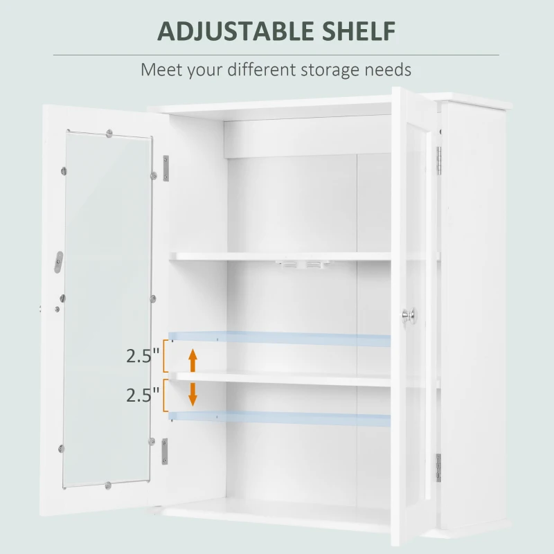 kleankin Bathroom wall cabinet, bathroom wall unit with 2 glass doors, adjustable shelf, 55x20x65cm, white