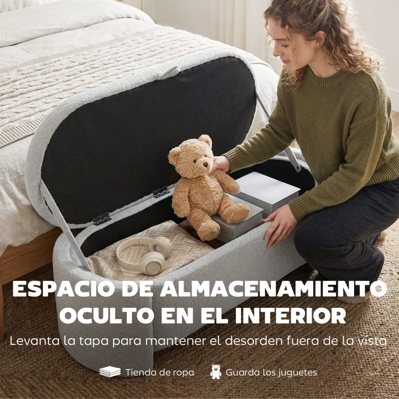 HOMCOM Puff Almacenaje Banco Almacenaje Ovalado 129x48,5x44 cm Tapizado en Terciopelo de Teddy Carga 200 kg Gris Claro
