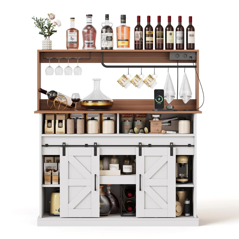 Kaffeebar-Sideboard, im Landhausstil mit Schiebetüren, Sideboard mit Stauraum, 120 x 40 x 130 cm, Weiß+Naturfarbe