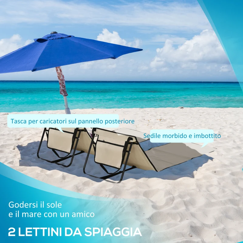 Outsunny Set 2 Sdraio da Spiaggia Pieghevoli e Regolabili con Tasca, in Acciaio e Poliestere, 142x51x40 cm, Beige