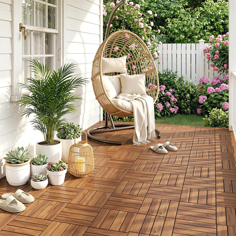 Outsunny Conjunto de 10 Estrados de Madeira de Acácia para Exterior 31x31 cm, 0,91 m² Estrado para Terraço Antiderrapantes Castanho-Escuro
