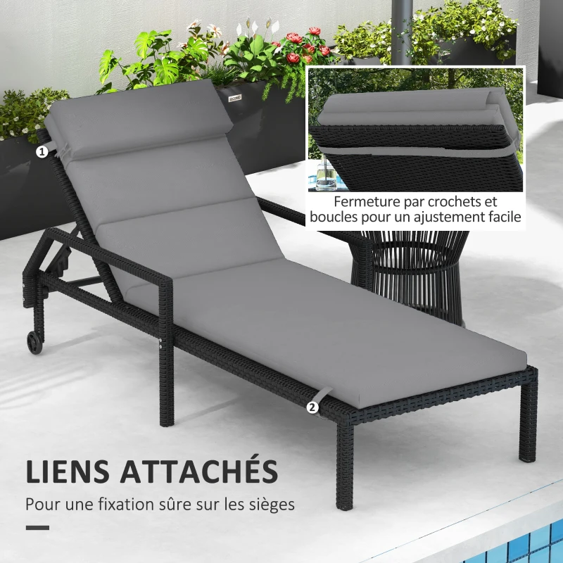 Outsunny Coussin d'extérieur pour chaise Longue Coussin Bain de Soleil Rectangulaire avec appui-tête 196 x 63 cm, gris clair