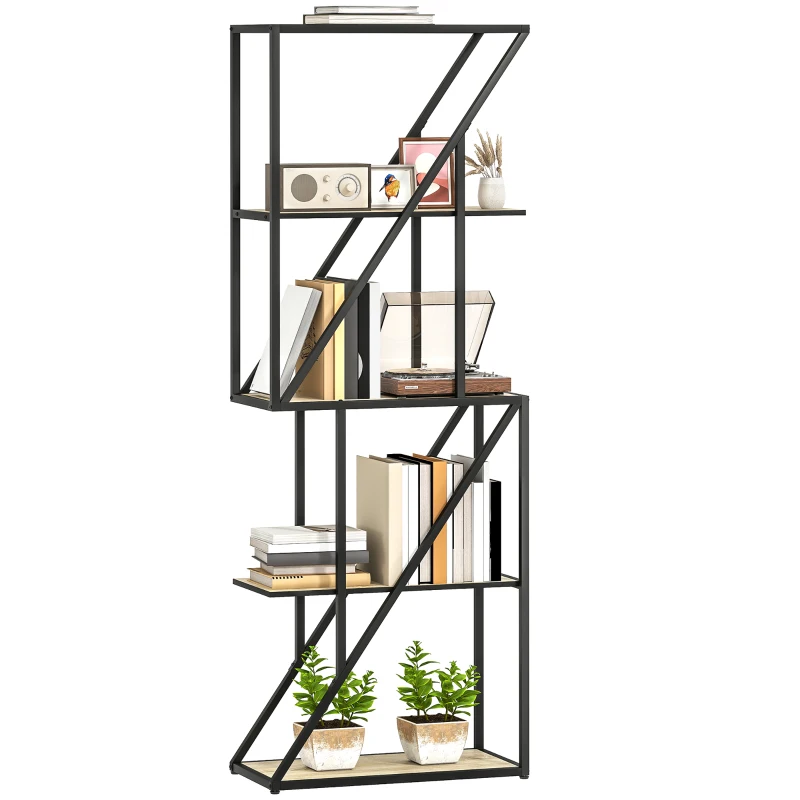 HOMCOM Librería de 5 Niveles Estantería para Libros Industrial con Estantes Abiertos y Marco de Acero 60x30x165 cm Roble