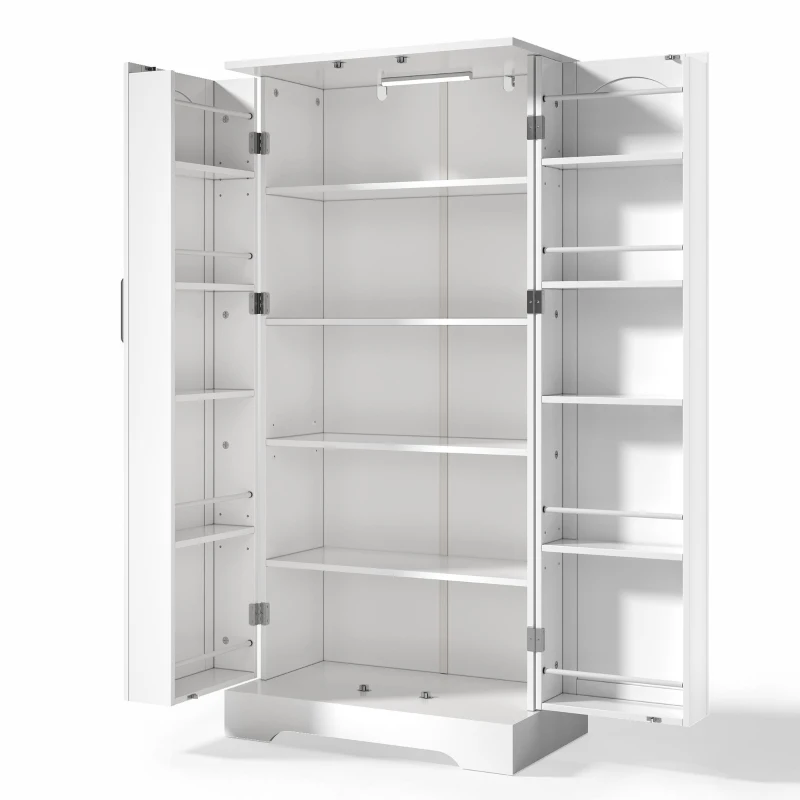 Multifunktionaler Küchenschrank mit LED-Sensorleuchte, Doppeltür mit Staufach, 60x35x128 cm, Weiß