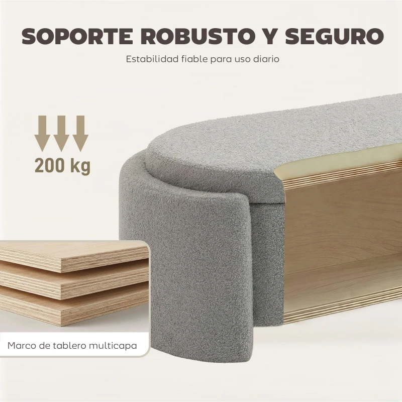 HOMCOM Puff Almacenaje Banco Almacenaje Ovalado 129x48,5x44 cm Tapizado en Terciopelo de Teddy Carga 200 kg Gris Claro