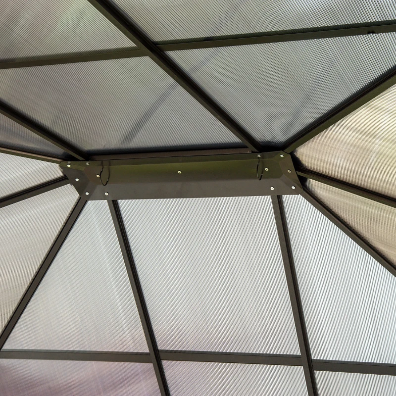 Outsunny 3 x 3.6m Hardtop Gazebo Canopy with Polycarbonate Roof Garden Pavilion with Removable Curtains and Steel Frame, Brown