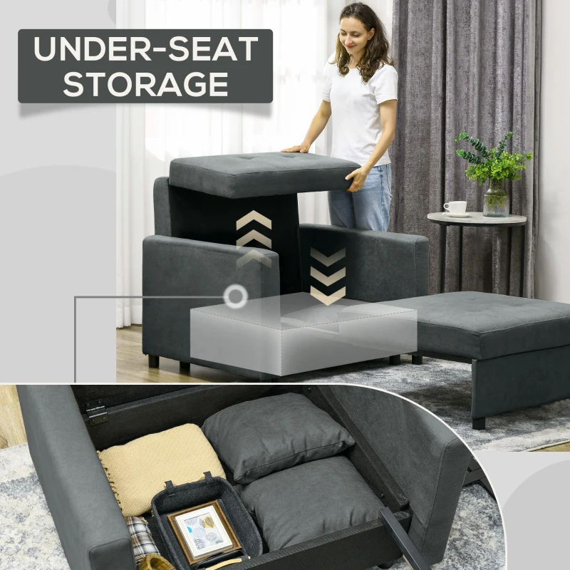 HOMCOM Poltrona Letto in Tessuto Effetto Velluto Grigio con 2 Cuscini e Spazio Contenitore, 100x98x88 cm