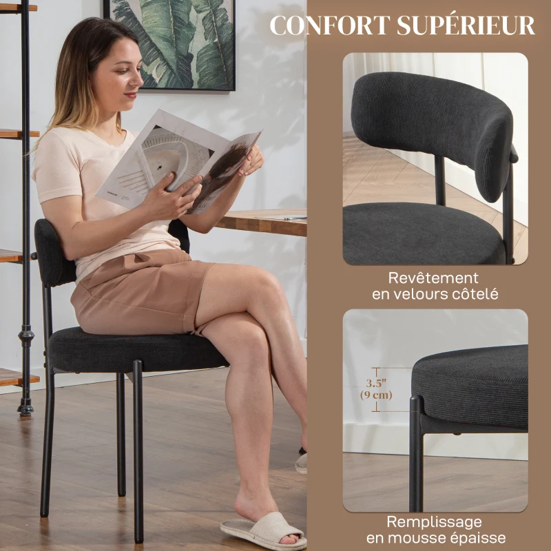 HOMCOM Lot de 4 chaises de salle à manger avec dossier en tissu pieds en acier 51 x 51 x 76 cm noir