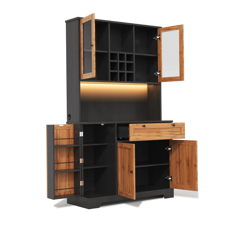 Küchen-Hochschrank mit Vitrine, fünf Türen, Schublade, verstellbare Einlegeböden, 105 x 40 x 180 cm, Naturfarbe