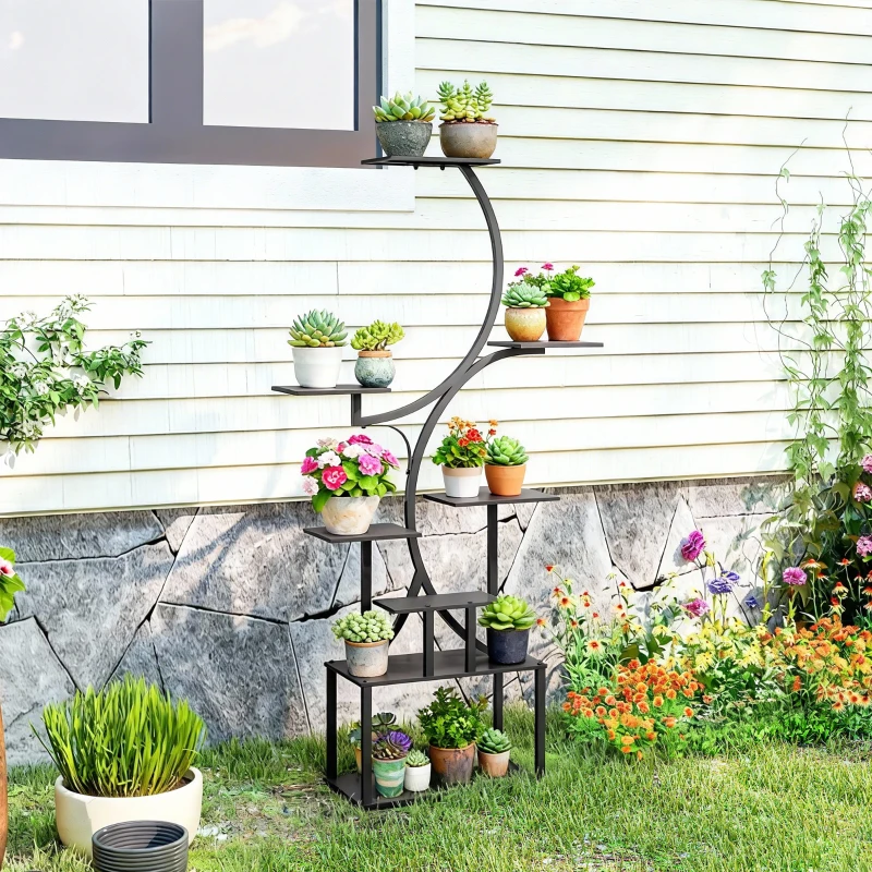 Outsunny Étagère à fleurs en métal à 8 niveaux, étagère à plantes en forme de S 158,5 cm, intérieur et extérieur, noir