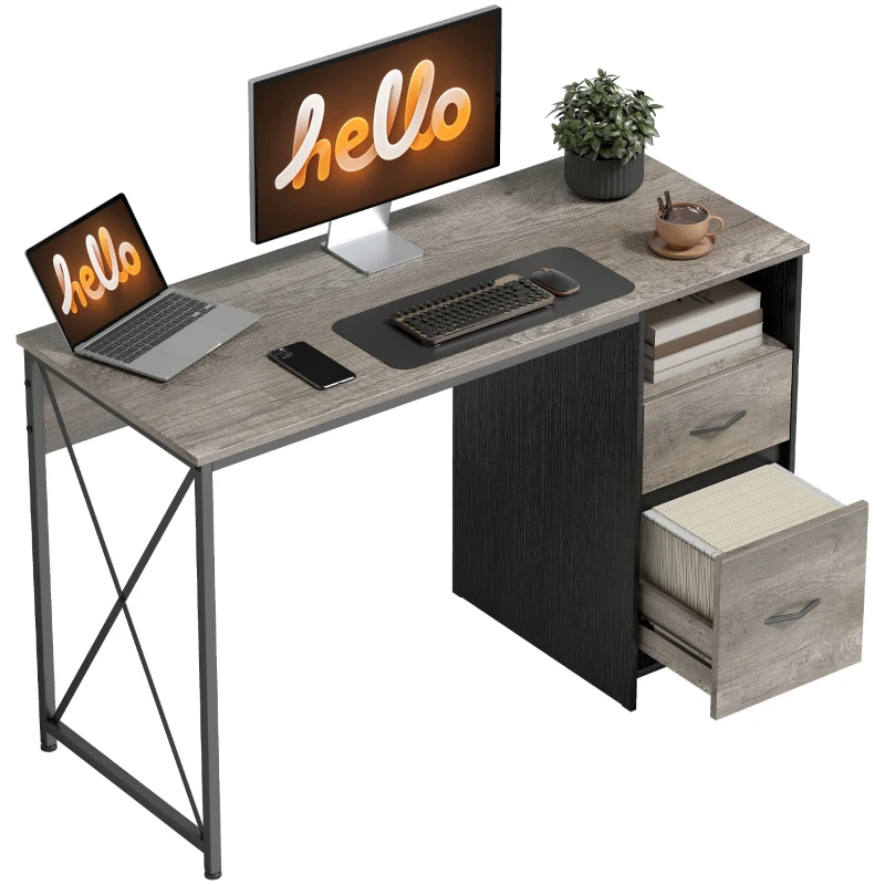 HOMCOM Mesa de Ordenador 120x50 cm Escritorio de Ordenador Industrial con Compartimento y 2 Cajones para Oficina Gris Claro