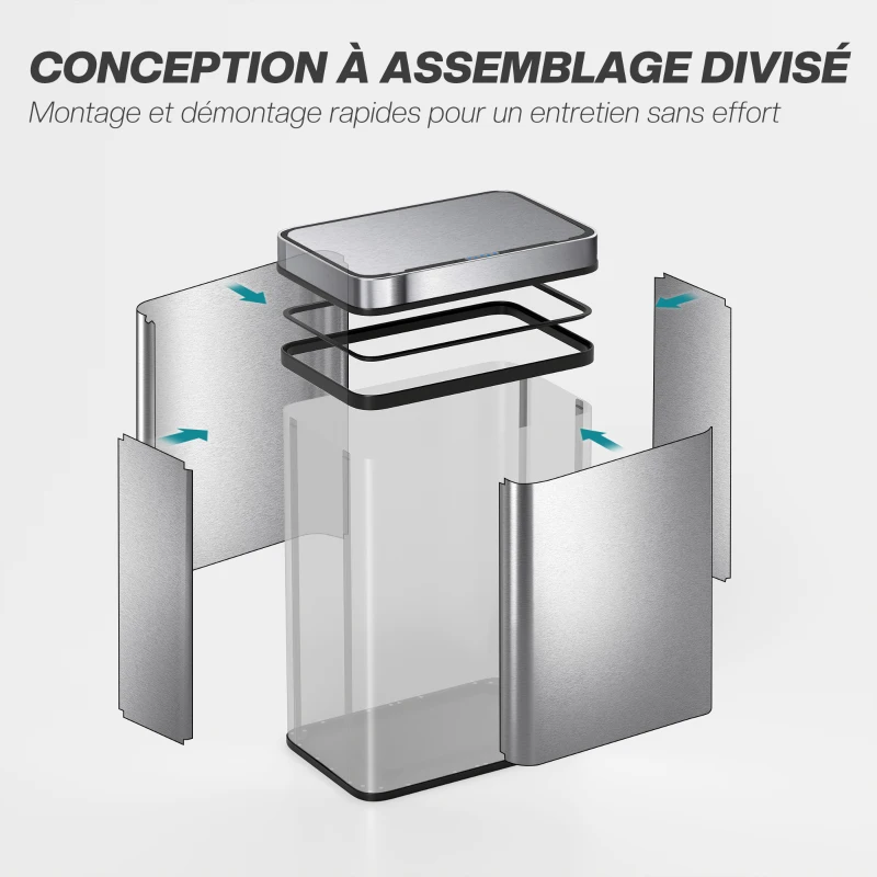HOMCOM Poubelle à capteur 50 L avec couvercle à fermeture douce, poubelle de cuisine automatique en acier inoxydable, argenté