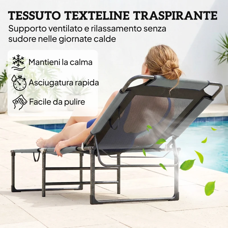 Outsunny Lettino da Esterno Reclinabile 4 Posizioni, Sedia Pieghevole con Maniglia, Grigio.