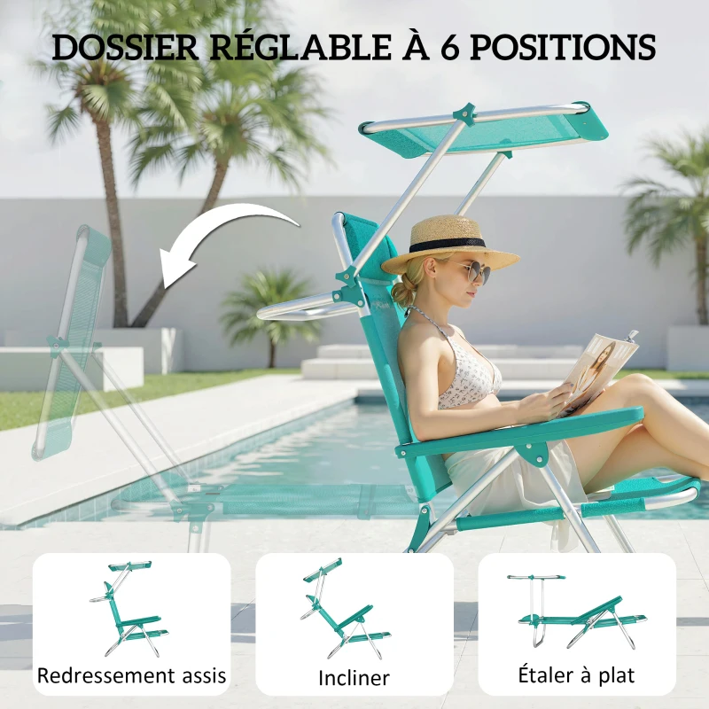 Outsunny Chaise de plage, chaise longue d'extérieur pliable à 6 positions, auvent ajustable et repose-tête, 62x68x79cm, turquoise