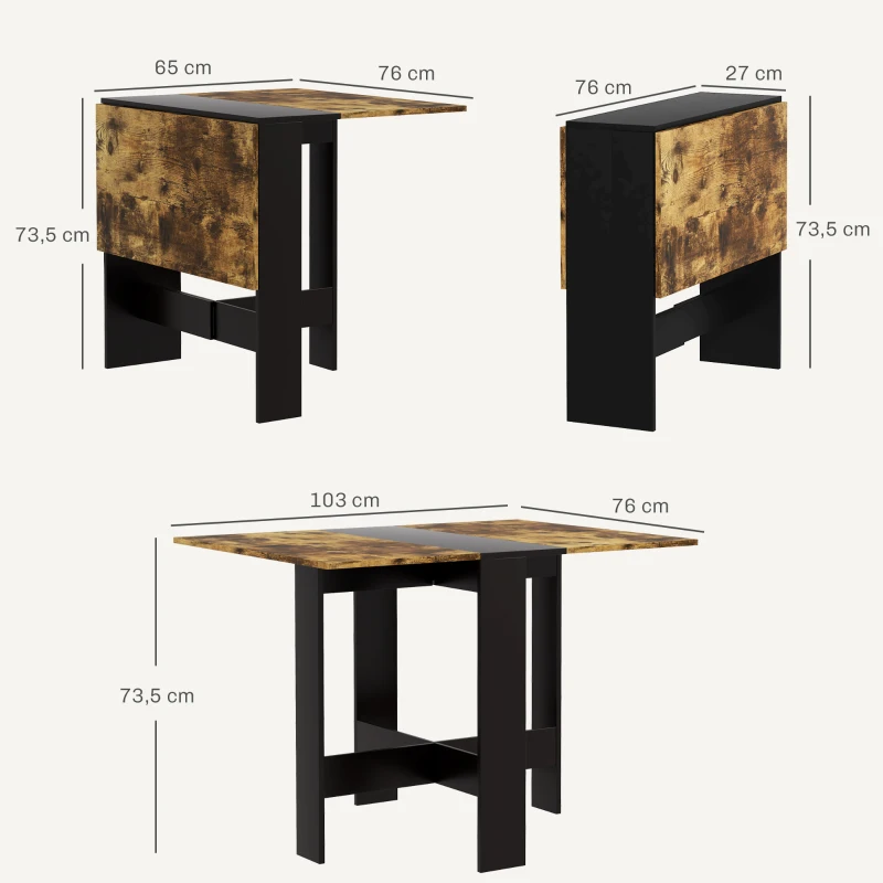 HOMCOM Mesa Plegable de Comedor Mesa de Cocina con Alas Abatibles para Espacio Pequeño 103x76x73,5 cm Negro y Marrón Rústico