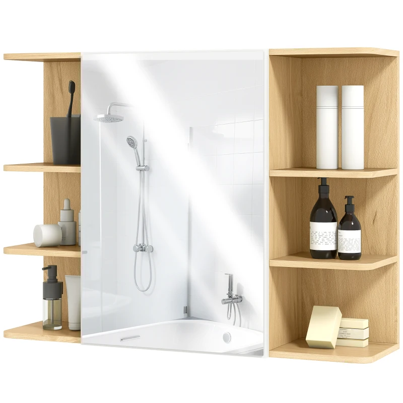 HOMCOM Bathroom Mirror Cabinet with Open Storage Shelves - Natural Wood Finish