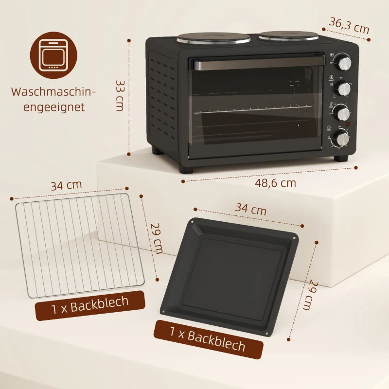 HOMCOM Mini piekarnik 28L, 2600W, 100-230℃, timer 60 min, czarny