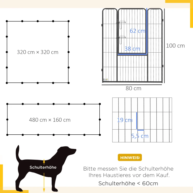 PawHut Welpenauslauf, modulares Design, 16 Elemente, 2 Türen, wetterfest, Stahl, 3,2 x 3,2 x 1 m, grau