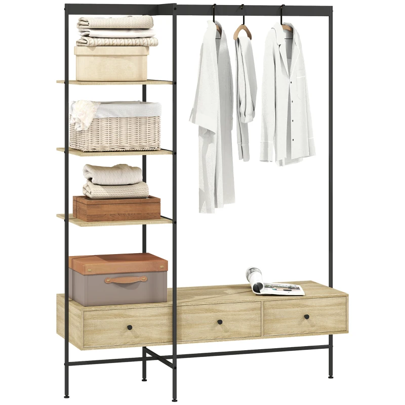 HOMCOM Porte-manteau avec étagères, tiroirs et tringle, portemanteau autoportant 180 cm style moderne, cadre métallique, Chêne