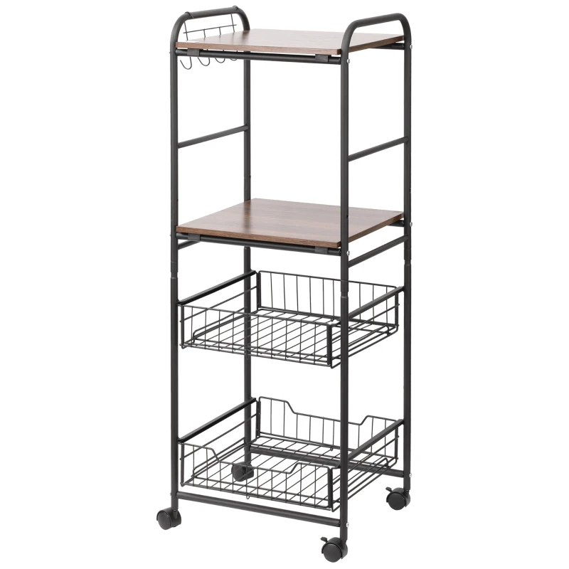HOMCOM 4-Tier Rolling Kitchen Cart with 2 Baskets, Shelves and Side Hooks, 40 x 38 x 111 cm, walnut