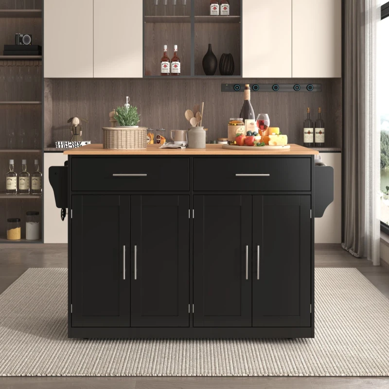 Servierwagen mit klappbarer Tischplatte, 2 Schubladen und Doppeltüren, 136 x 46/71 x 91,5 cm, Schwarz+Naturfarbe