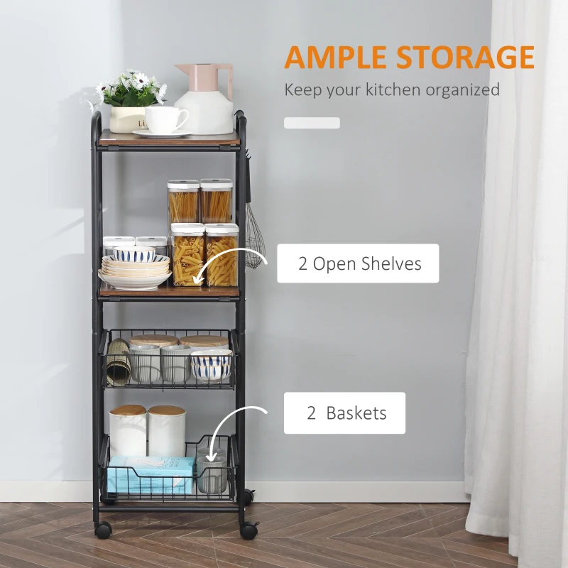 HOMCOM 4-Tier Rolling Kitchen Cart with 2 Baskets, Shelves and Side Hooks, 40 x 38 x 111 cm, walnut