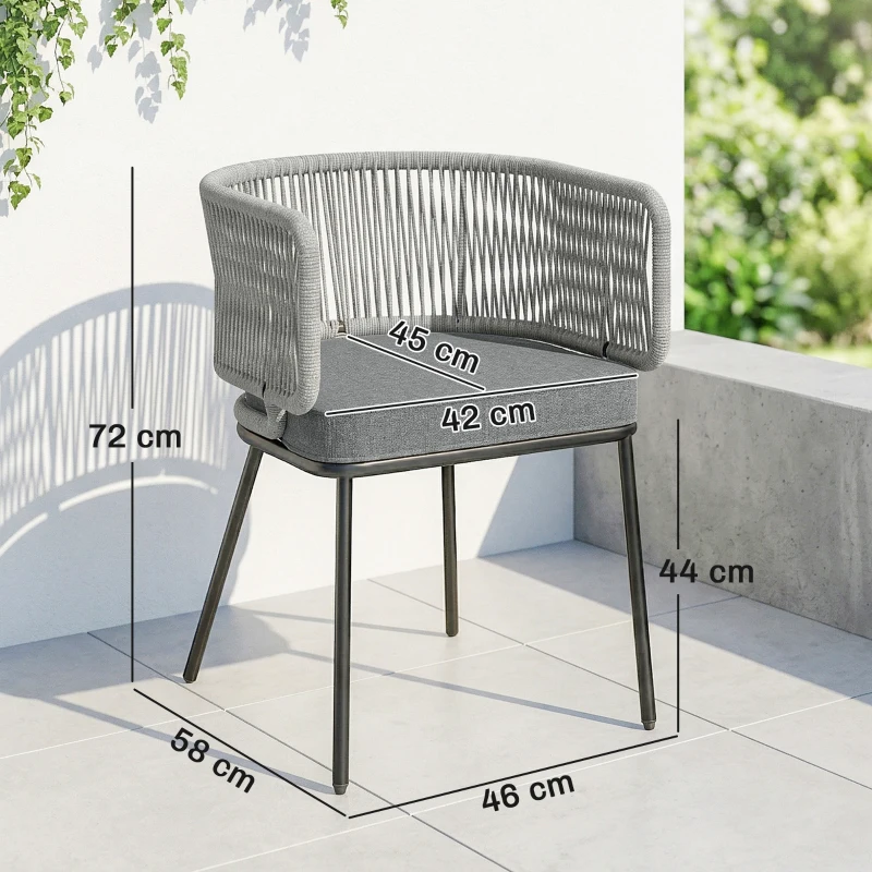 Outsunny Lot de 2 Fauteuils de Jardin, Dossier et Accoudoirs en Corde Résine Tressée, Coussins Amovibles, 55x57x75cm, Gris Clair