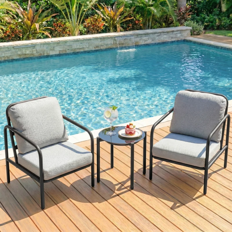 Outsunny Set bistro 3 pièces en acier avec 2 chaises à coussins épais, table basse avec plateau en verre trempé Noir