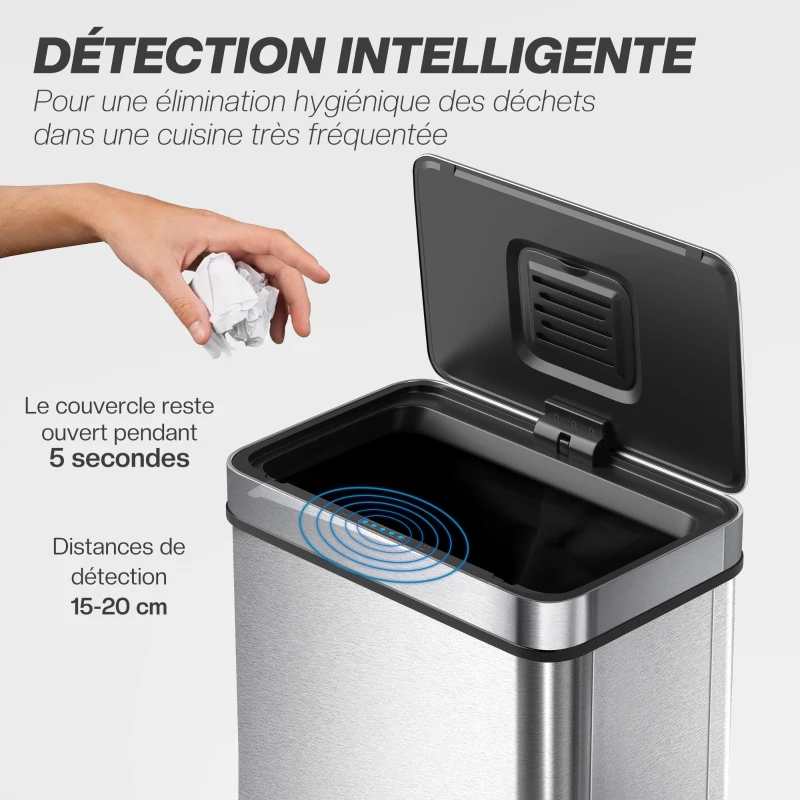 HOMCOM Poubelle à capteur 50 L avec couvercle à fermeture douce, poubelle de cuisine automatique en acier inoxydable, argenté
