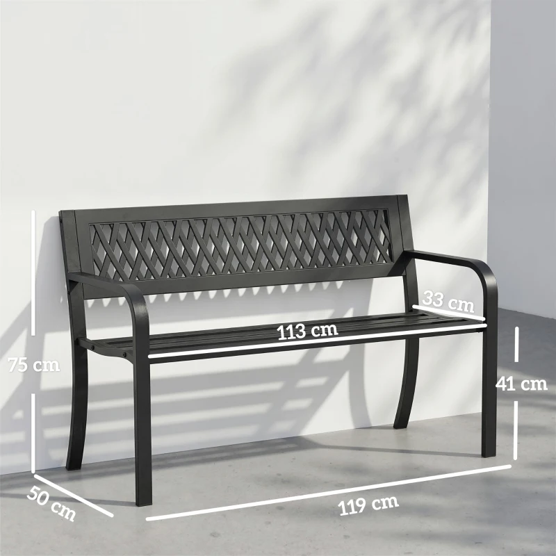 Outsunny Banco de Jardín Exterior de 2 Plazas  con Asiento Listonado Reposabrazos y Marco de Acero 119x50x75 cm Negro
