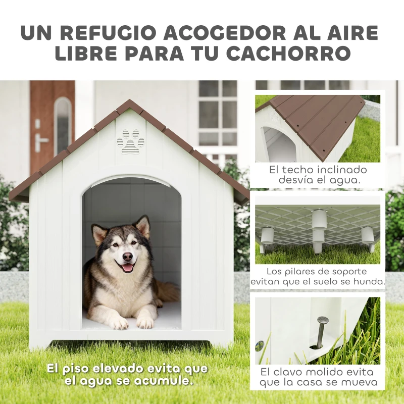 PawHut Caseta para Perros Exterior Casa para Perros Extragrandes de Plástico con 2 Ventanas Base Elevada Estacas Marrón Oscuro