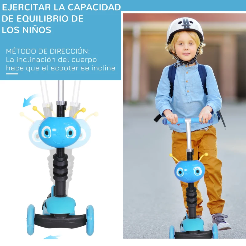 HOMCOM 3 en 1 Patinete para Niños de +18 Meses Scooter de 3 Ruedas con Asiento Extraíble Manillar Mango de Empuje Altura Ajustable 62x25x72,5 cm Azul